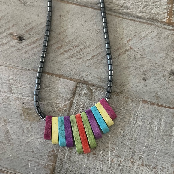 Vintage Jewelry - Vintage Rainbow Hematite Stick Dangle Pendant Necklace